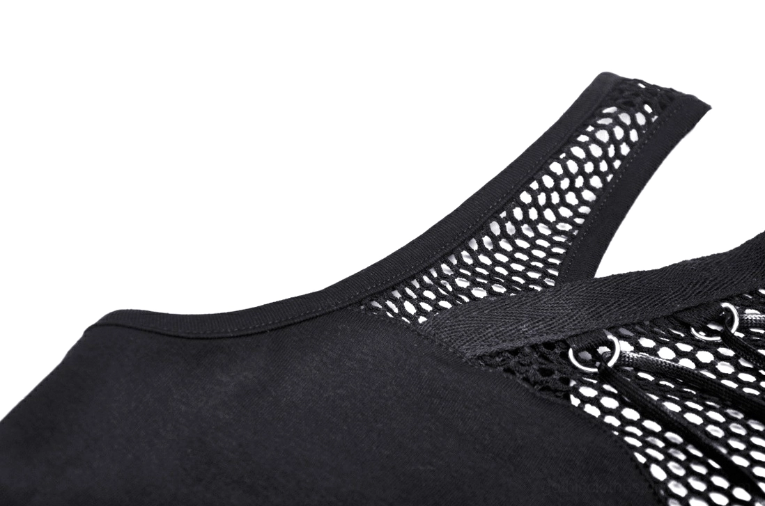 Side close-up of shoulder mesh strap with metal hardware and black stitching