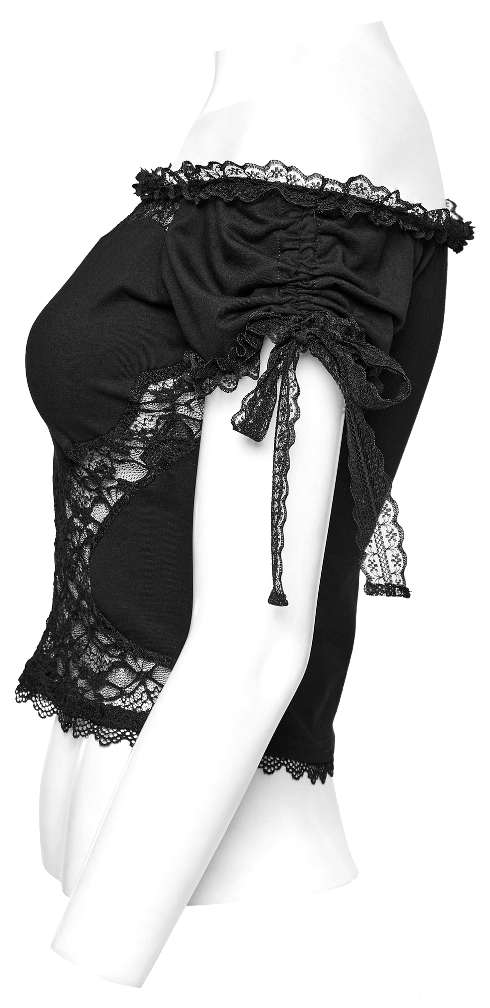 Side view of black gothic crop top on mannequin showing tie-up sleeve strap and ruched details