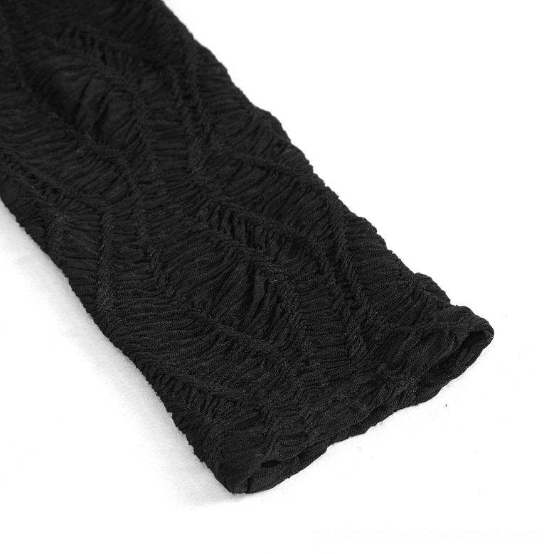 Gothic crop top sleeve fabric close-up, wavy embossed textured knit with matte black finish and fitted construction