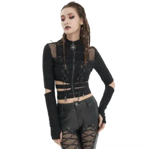 Black gothic stand collar zipper crop top front view with fishnet shoulders and split sleeves on model