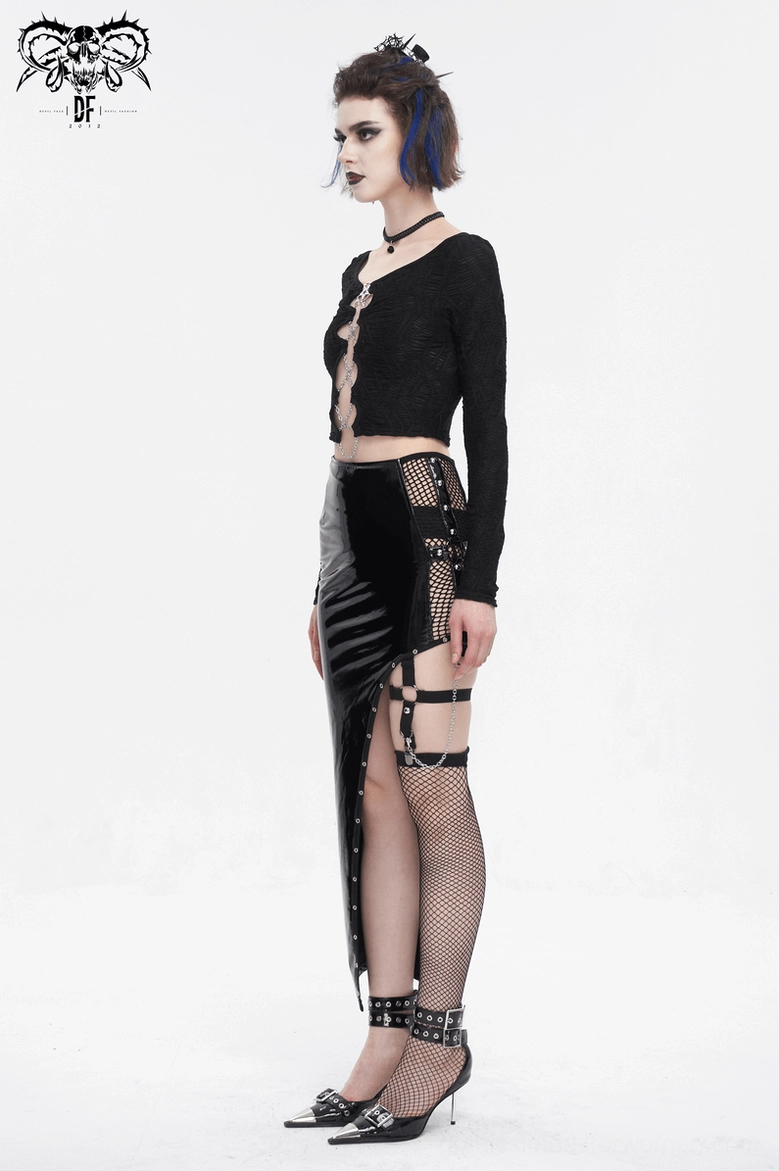 Black chain lace-up gothic crop top styled look, alternative fashion ensemble with dark aesthetics