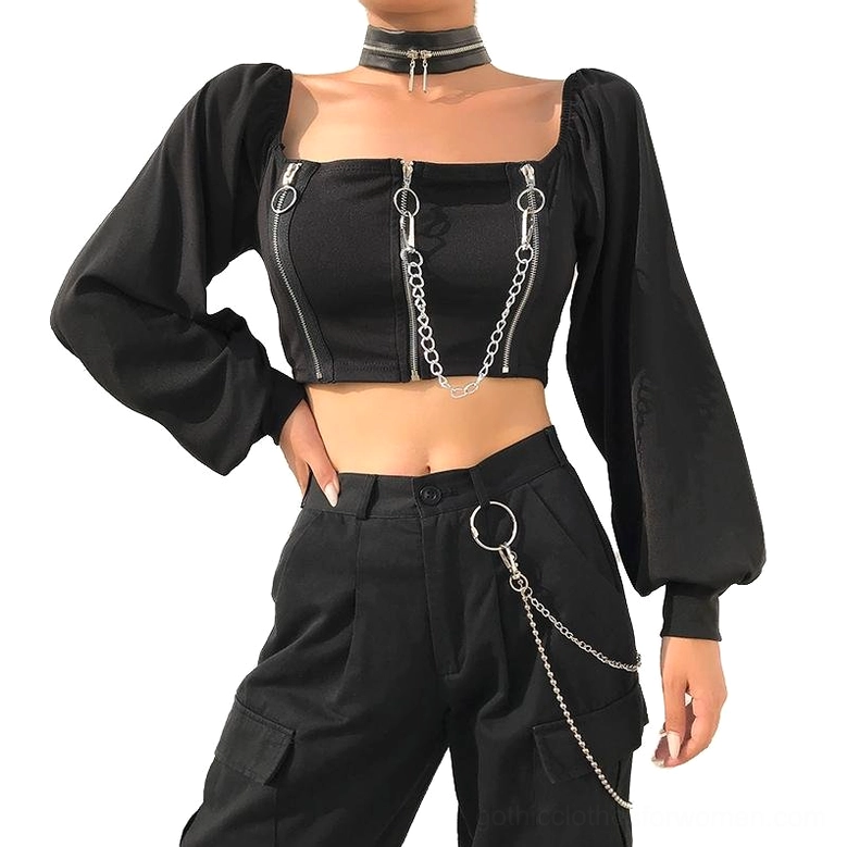 Black gothic off-shoulder crop top with silver zippers and chain details, front view on model