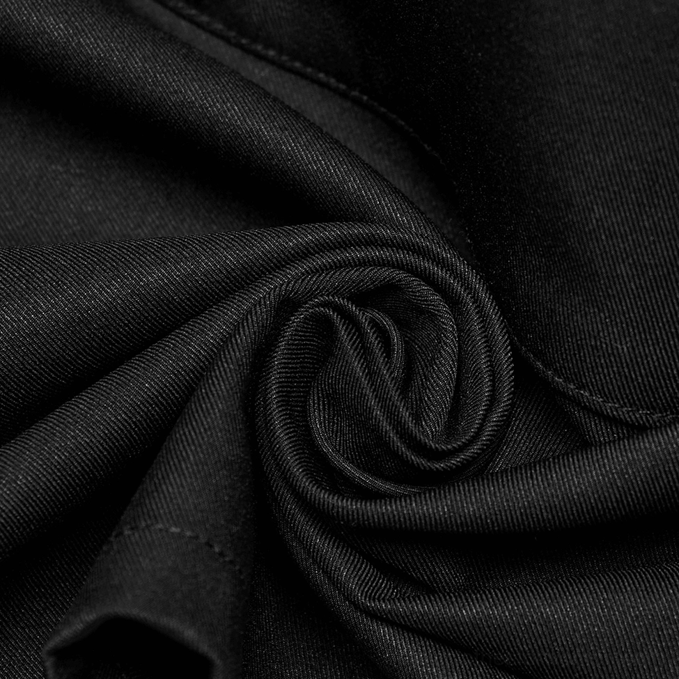 Black gothic cropped jacket industrial metal ring details and adjustable cuff system front view