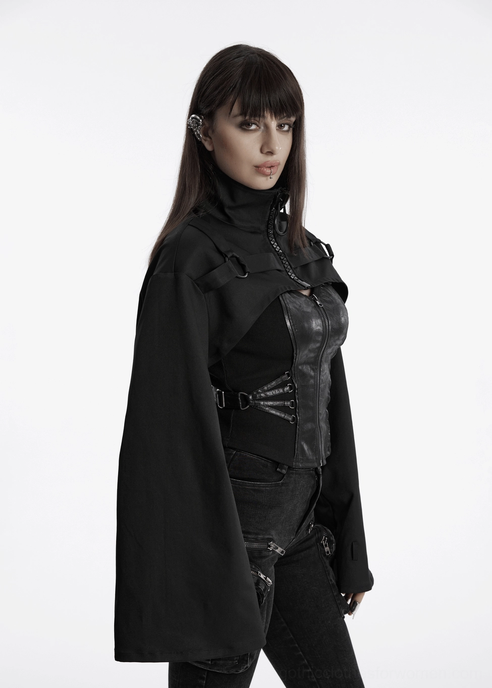 Black gothic cropped jacket complete outfit styling with alternative fashion accessories coordination