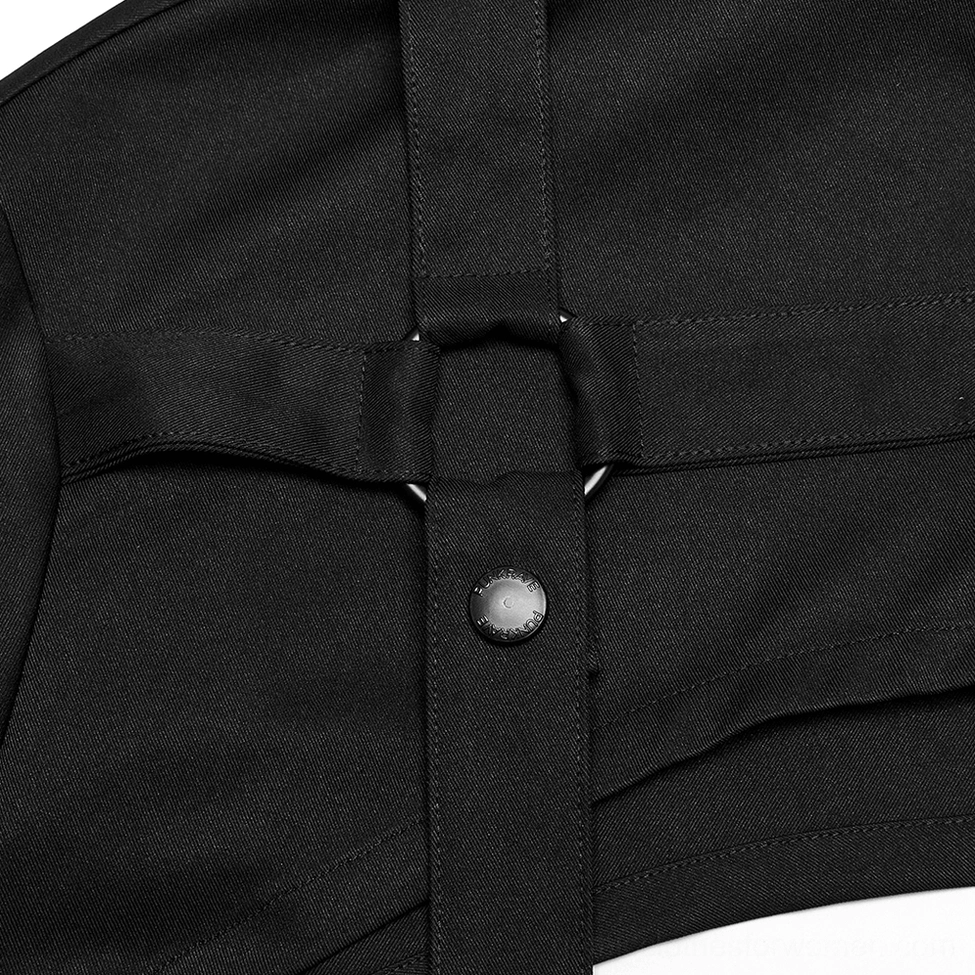 Black gothic cropped jacket alternative fashion style showing shoulder loop placement and ribbon attachment points