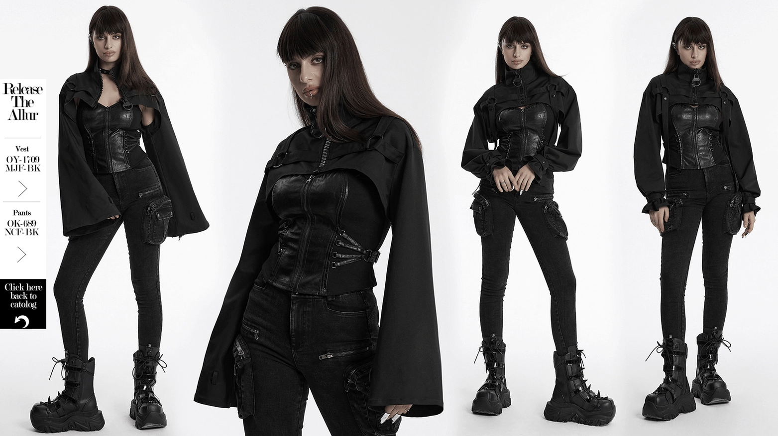 Black gothic cropped jacket size range display all sizes XS to 4XL flat lay comparison