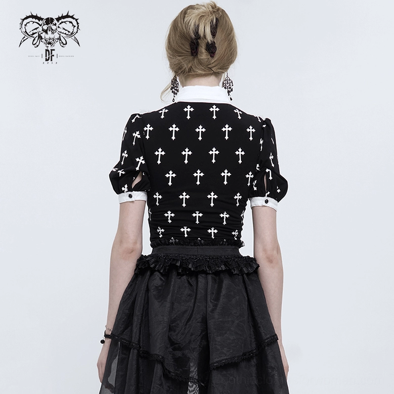 Rear close-up view black gothic cross blouse with white collar and buttoned cuffs detail