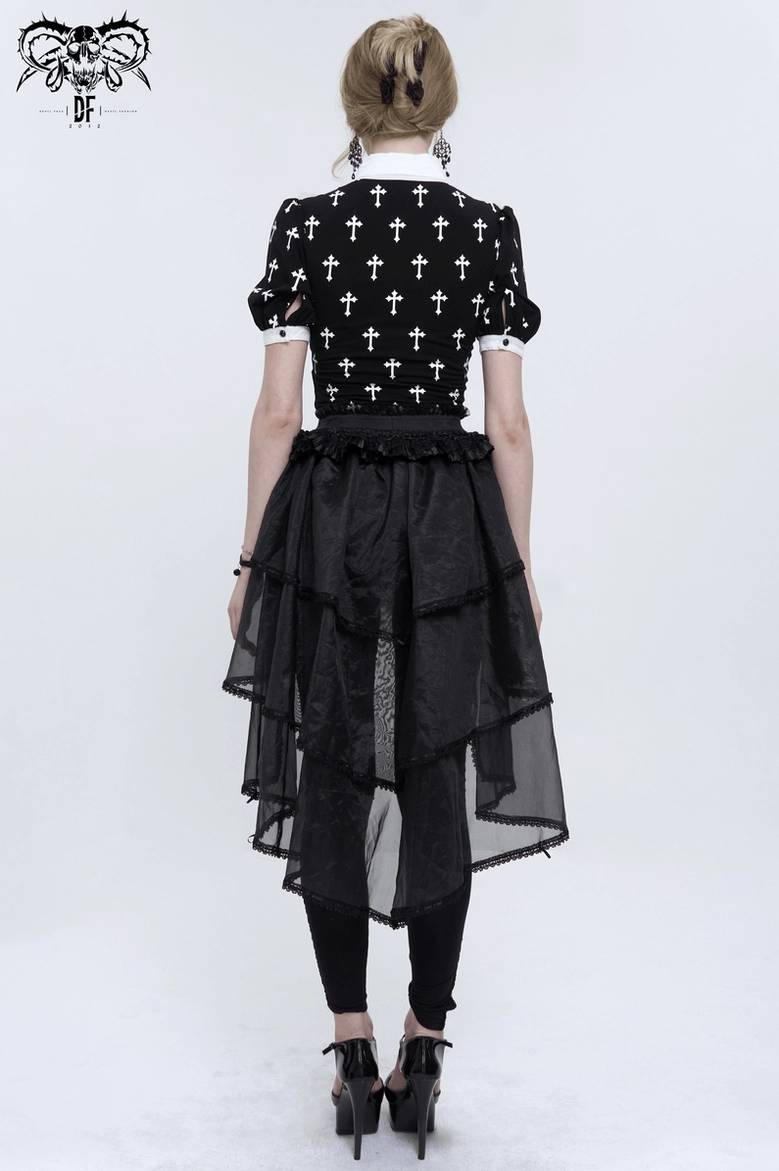 Full body rear view model wearing black gothic cross blouse with sheer high-low black skirt and heels