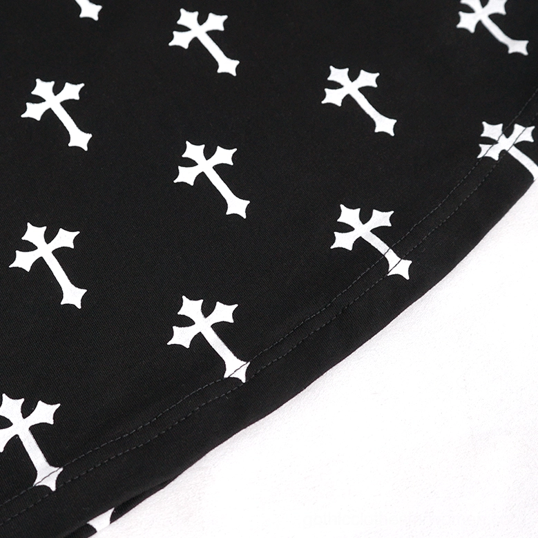 Black gothic cross print short sleeve blouse with white crosses all-over pattern detail shot