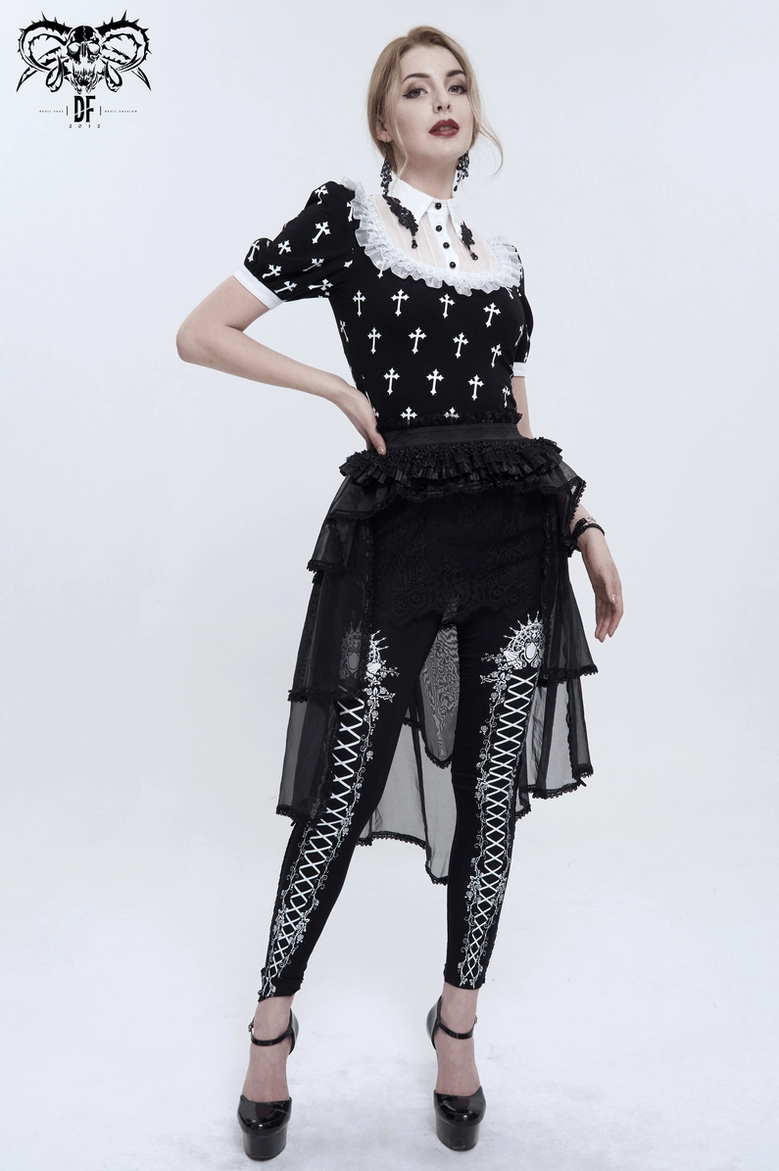 Black gothic cross print short sleeve blouse close-up showing cross motif and fabric texture detail