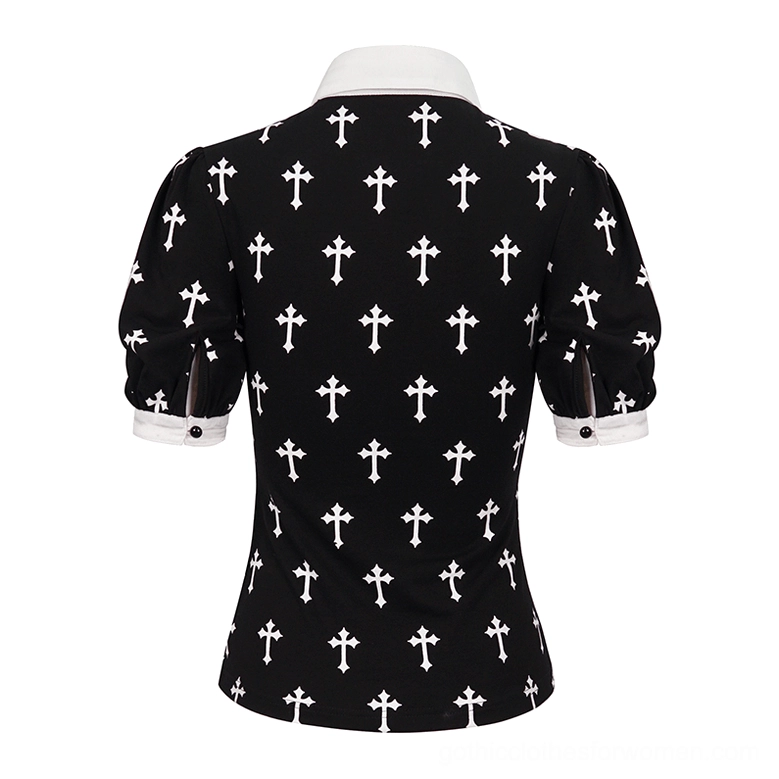 Flat lay rear view black gothic cross blouse fitted silhouette with buttoned cuffs
