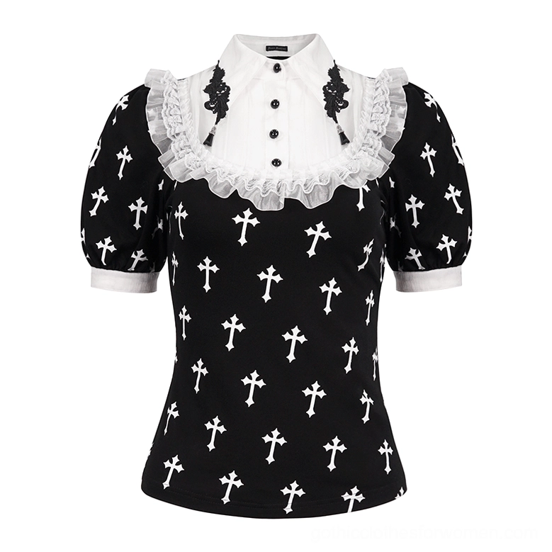 Flat lay front view black gothic cross blouse with puff sleeves, white cuff details and ruffled collar