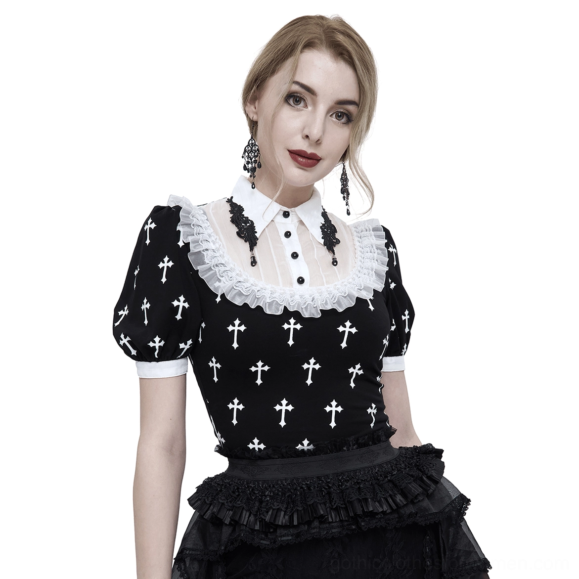 Black gothic cross print short sleeve blouse with white ruffled collar, front portrait view on female model
