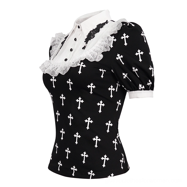 Left side flat lay black gothic cross blouse showing buttoned placket and cross pattern detail