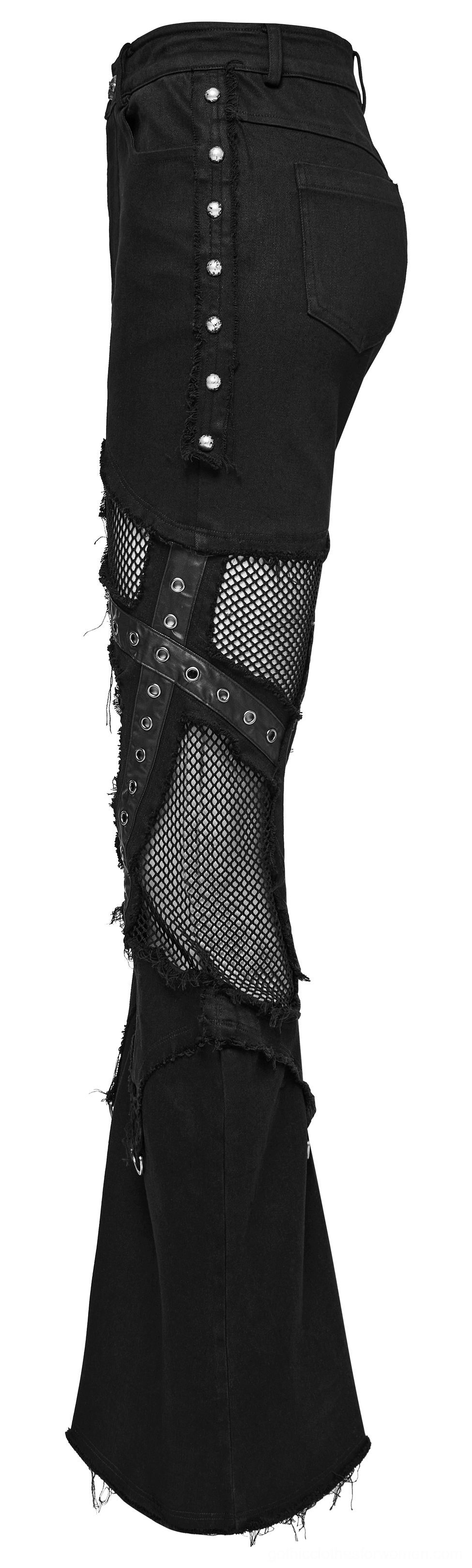 Black destroyed gothic jeans back flat lay with fishnet details metal eyelets and distressed hems
