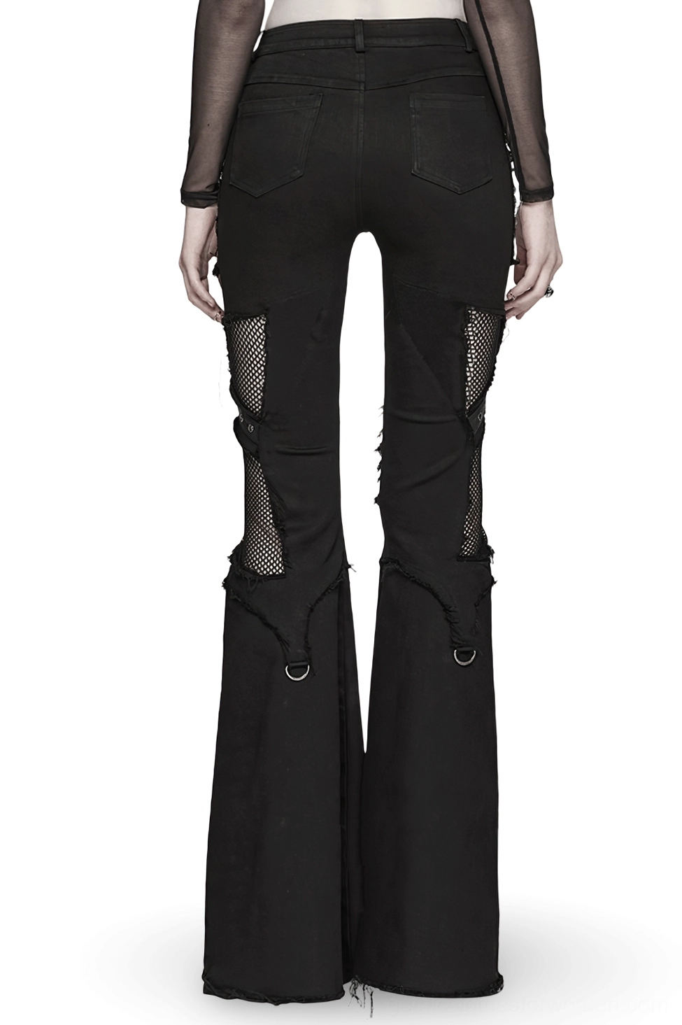 Black gothic cross flare jeans back view with fishnet panels and leather cross details on model