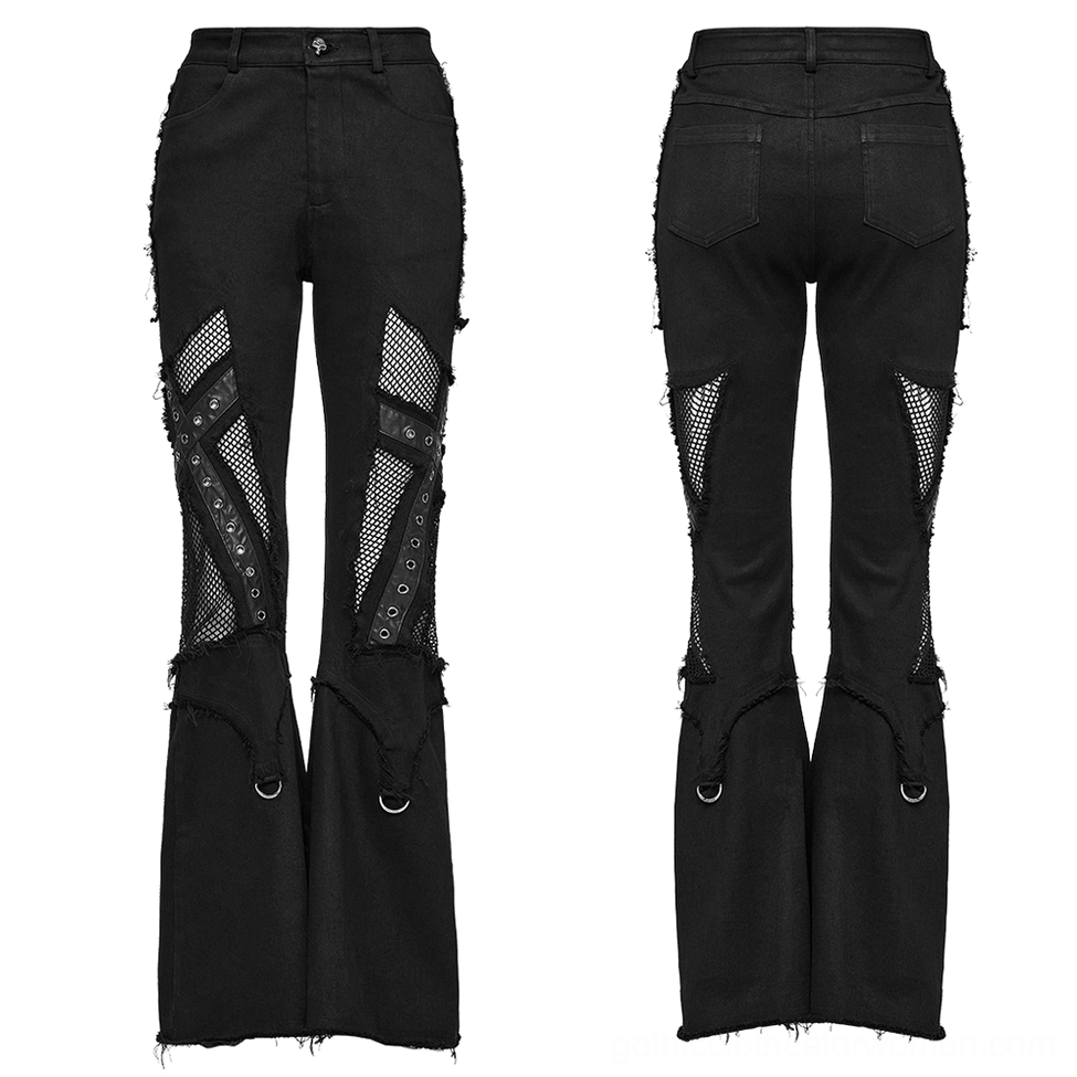 Black destroyed gothic flare jeans front flat lay showing fishnet cutouts metal D-rings and frayed hem