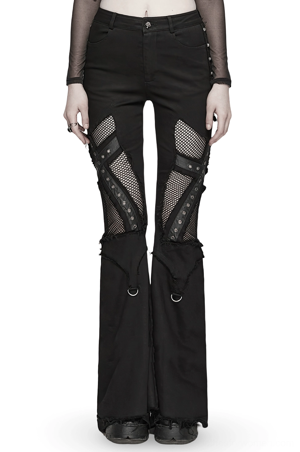 Black destroyed gothic cross flare jeans front view with fishnet mesh cutouts and metal eyelets on model