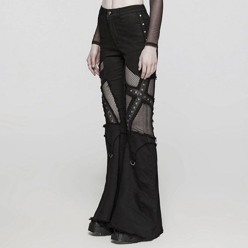 Full-length black gothic cross flare jeans showing dramatic hem flare and overall silhouette