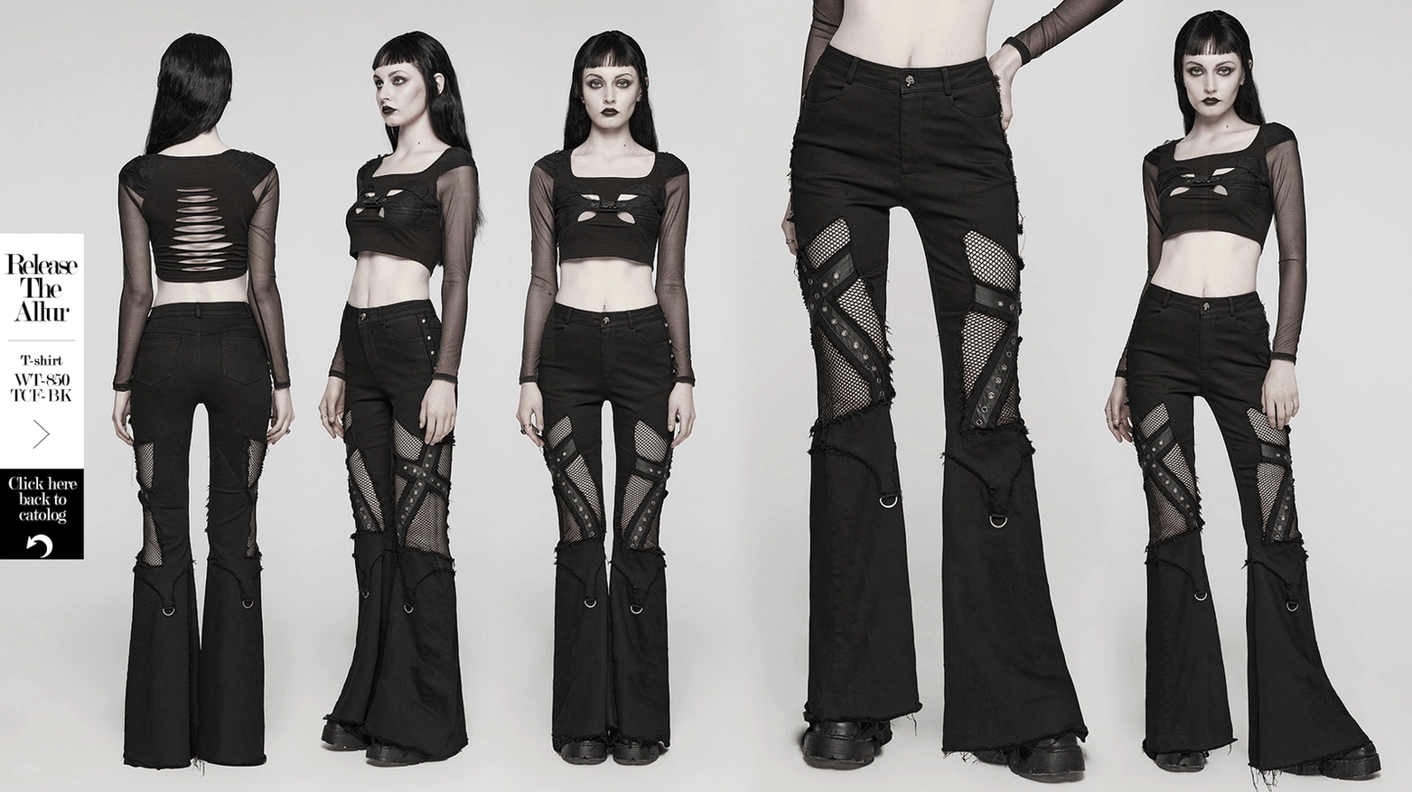 Black destroyed gothic cross flare jeans comprehensive product display with all design elements visible