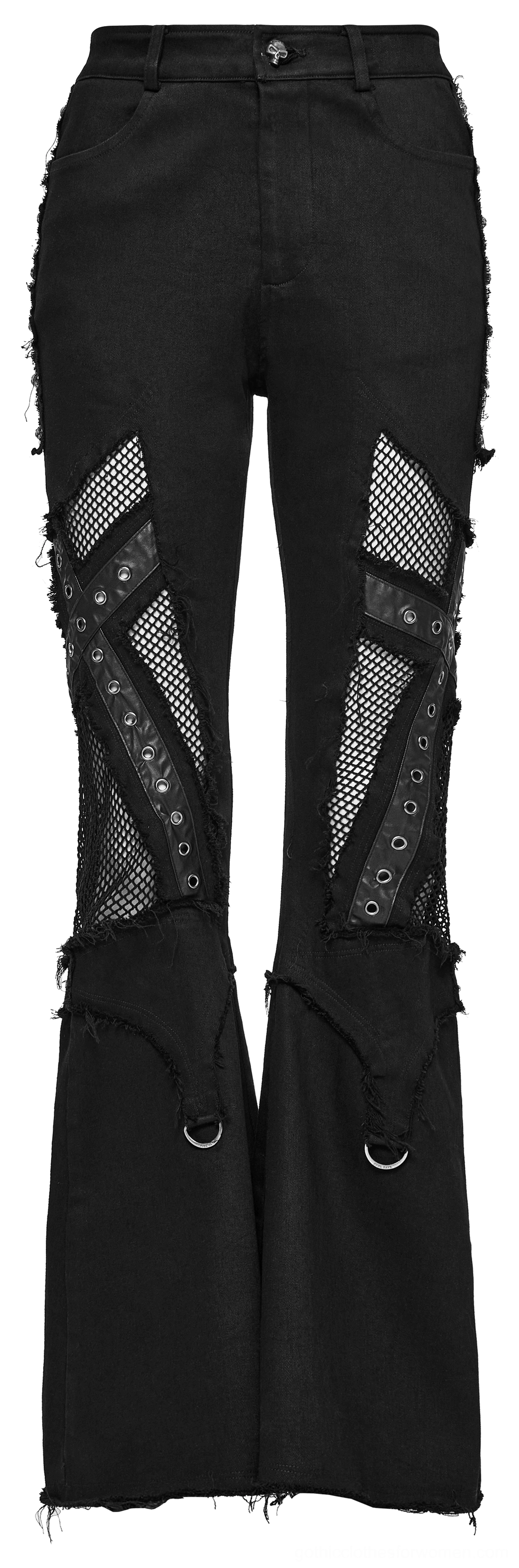 Black gothic cross flare jeans side view showing flared leg shape and fishnet mesh panels