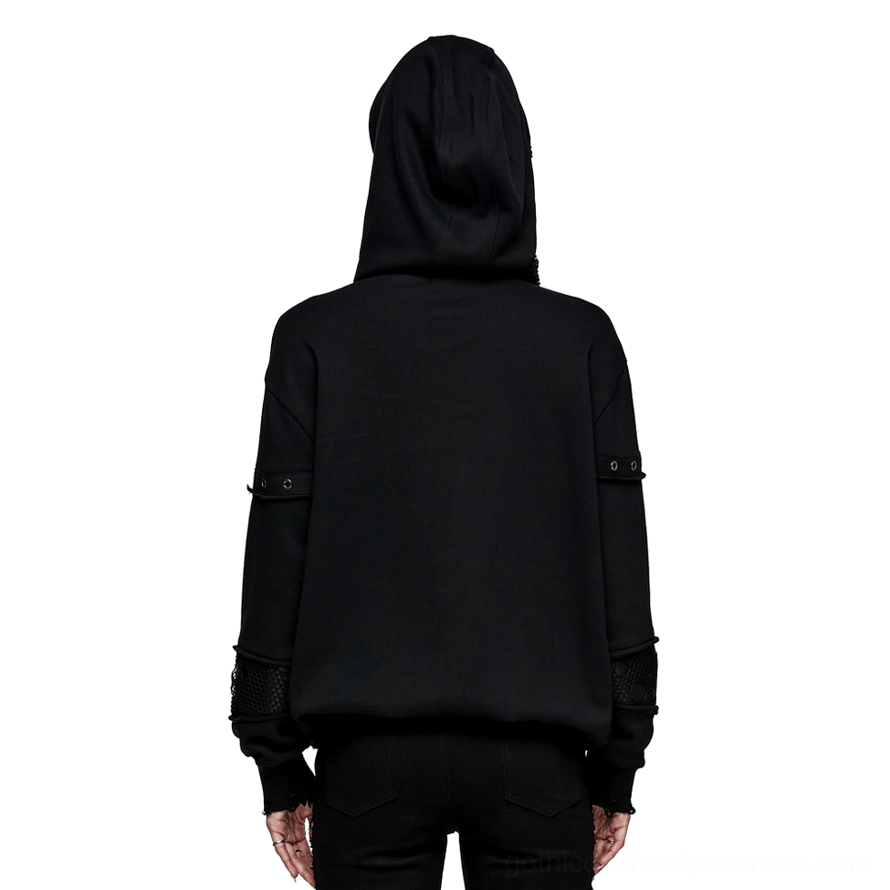 Back view of black gothic hoodie with distressed mesh panels and ribbed trims on model wearing black trousers