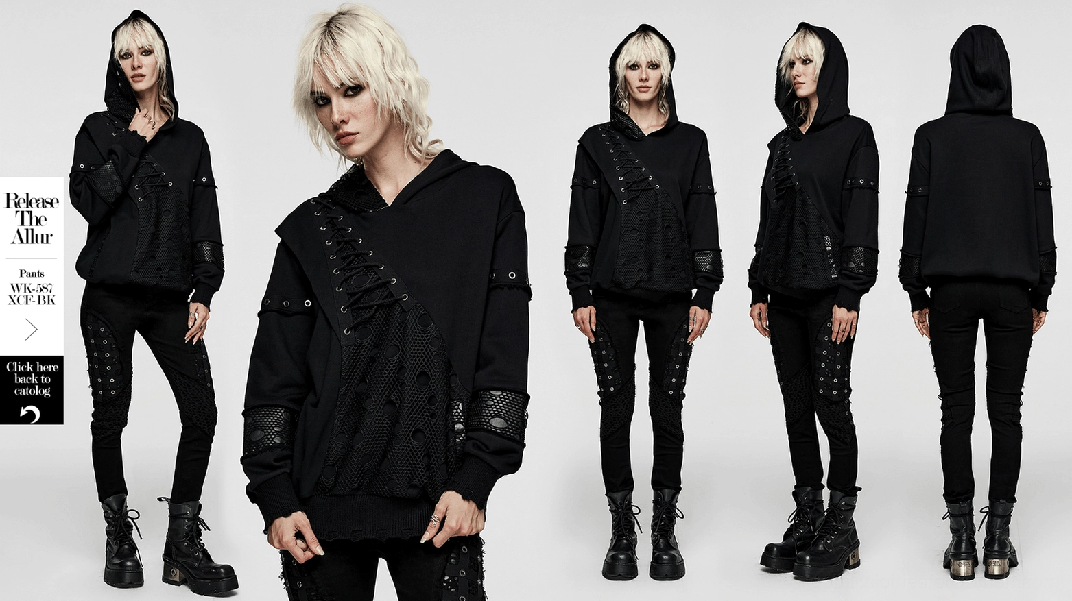 Black gothic cross hoodie detail shot emphasizing hand-stitched coffin buckle craftsmanship and metal hardware