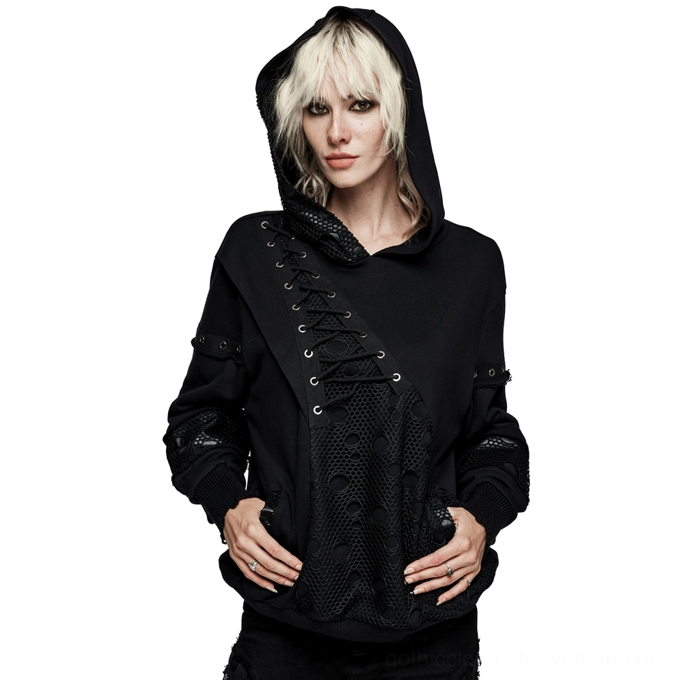 Black gothic cross hoodie with coffin buckles worn by female model in front three-quarter view against white backdrop