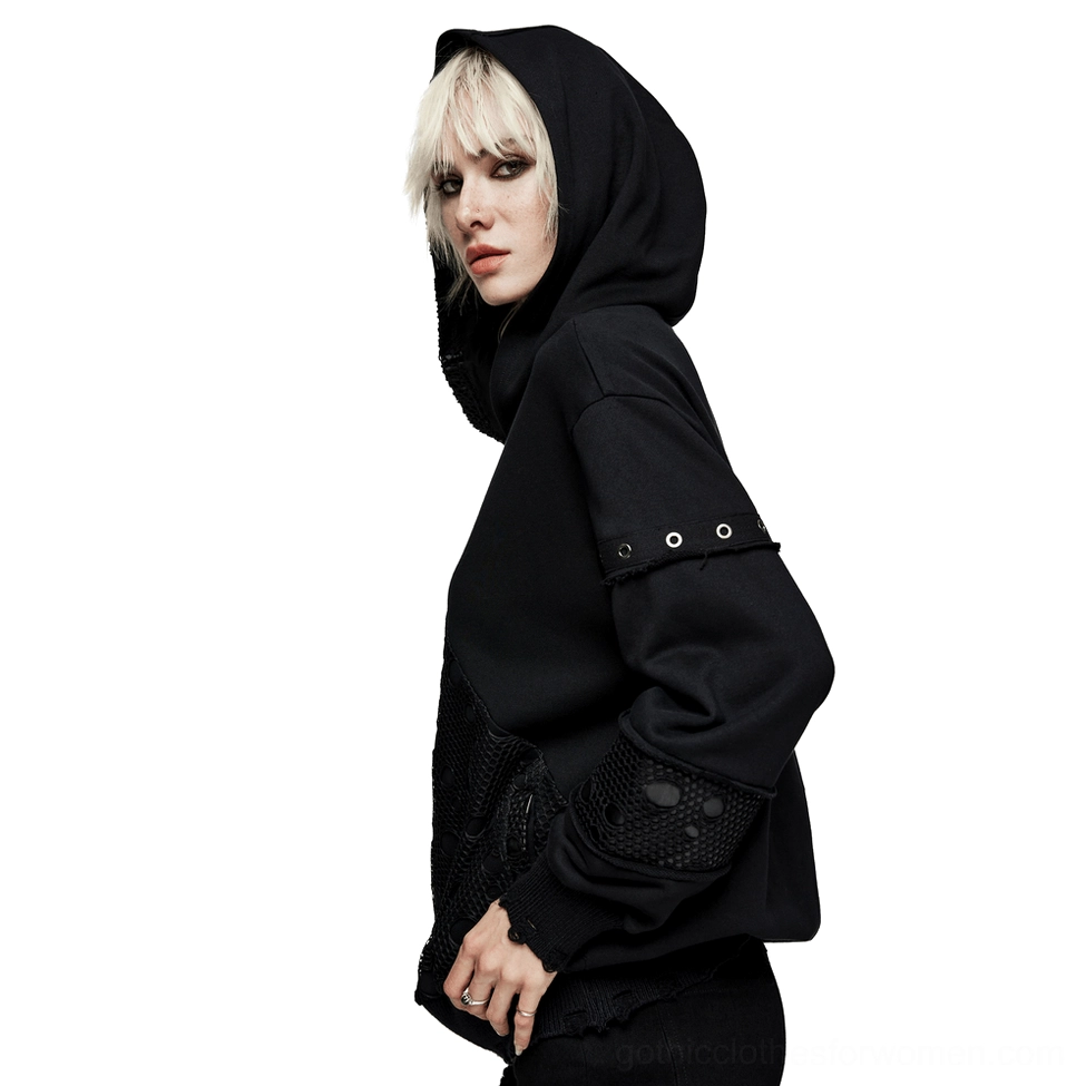 Black gothic cross hoodie with coffin buckle details displayed on model showing overall fit and silhouette