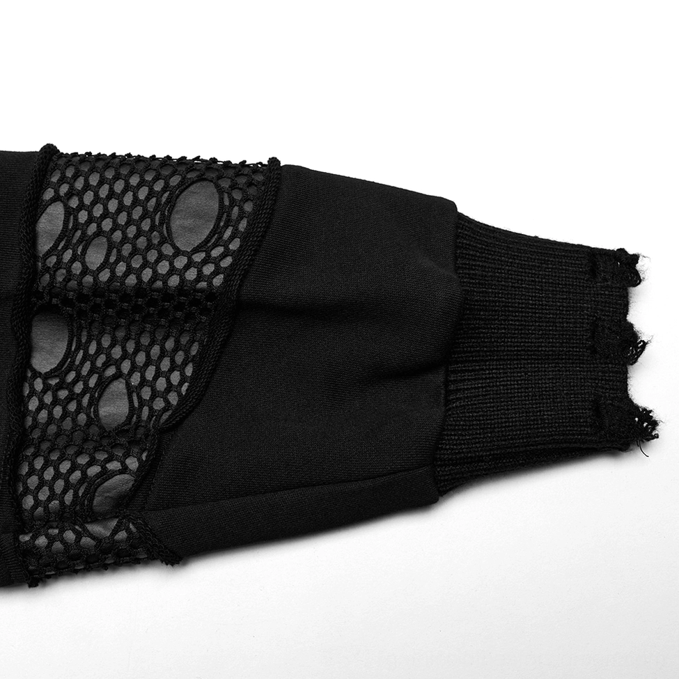 Close-up detail of gothic hoodie cuff showing frayed ribbed trim and perforated mesh panel texture