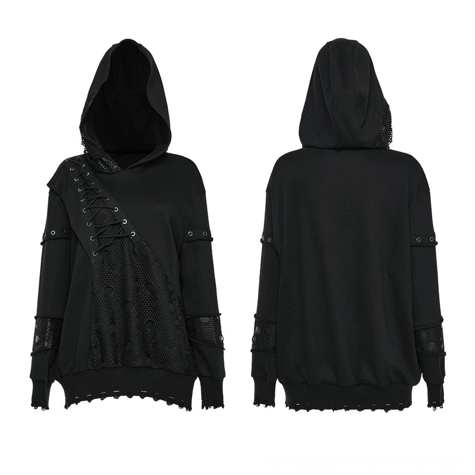 Flat lay front and rear comparison of black gothic hoodie showing lace-up details, distressed raw hem and mesh panels