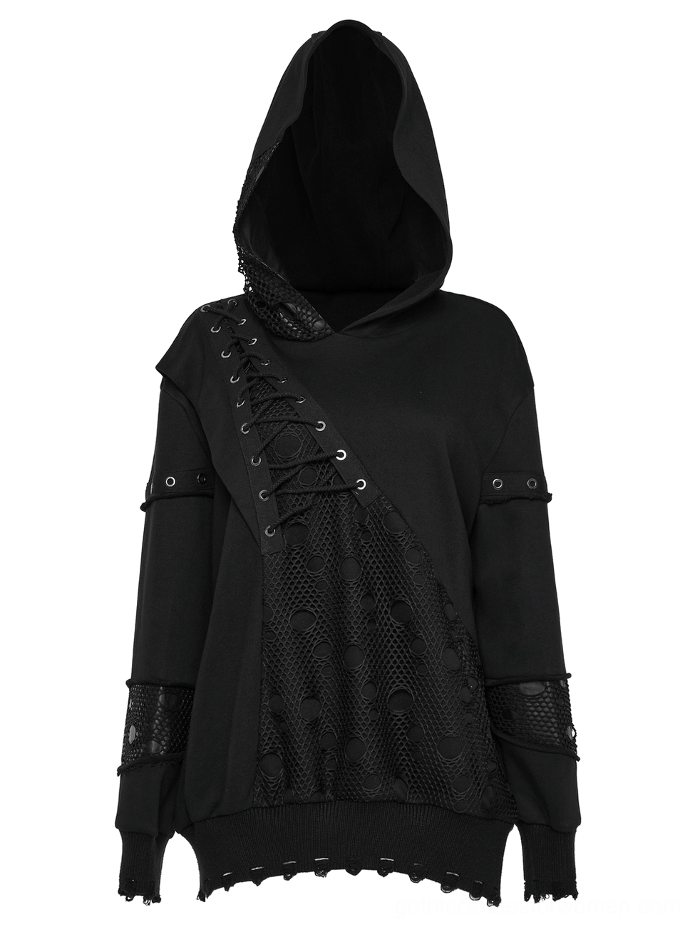 Front flat lay of black gothic hoodie displaying diagonal lace-up design, mesh panel, and ribbed cuffs