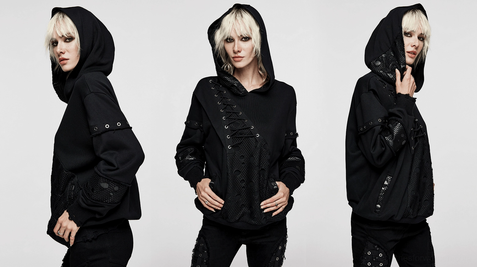 Full body view of black gothic hoodie on model demonstrating layering potential and dark alternative aesthetic