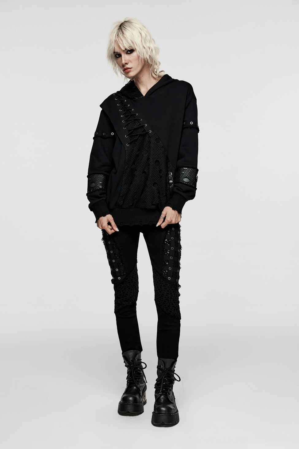 Black gothic cross hoodie main product shot showcasing coffin buckles and relaxed oversized silhouette