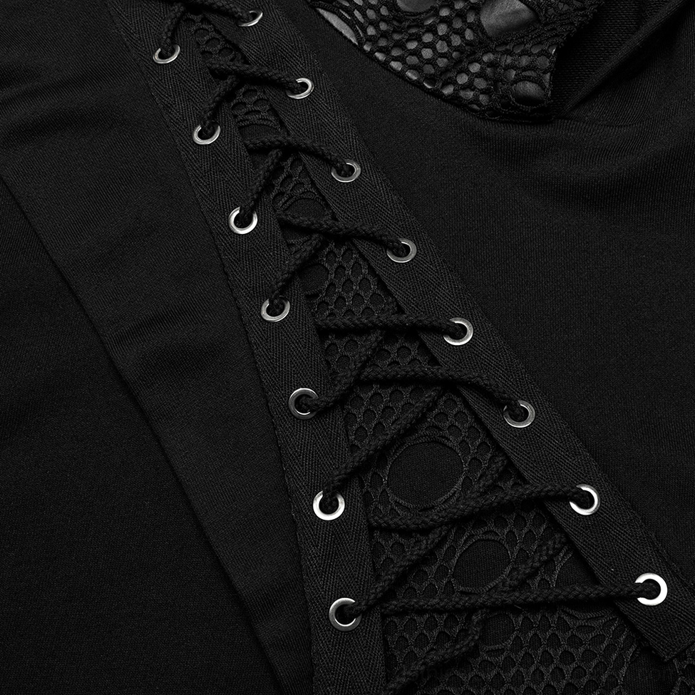 Textured close-up of perforated mesh fabric construction on black gothic hoodie