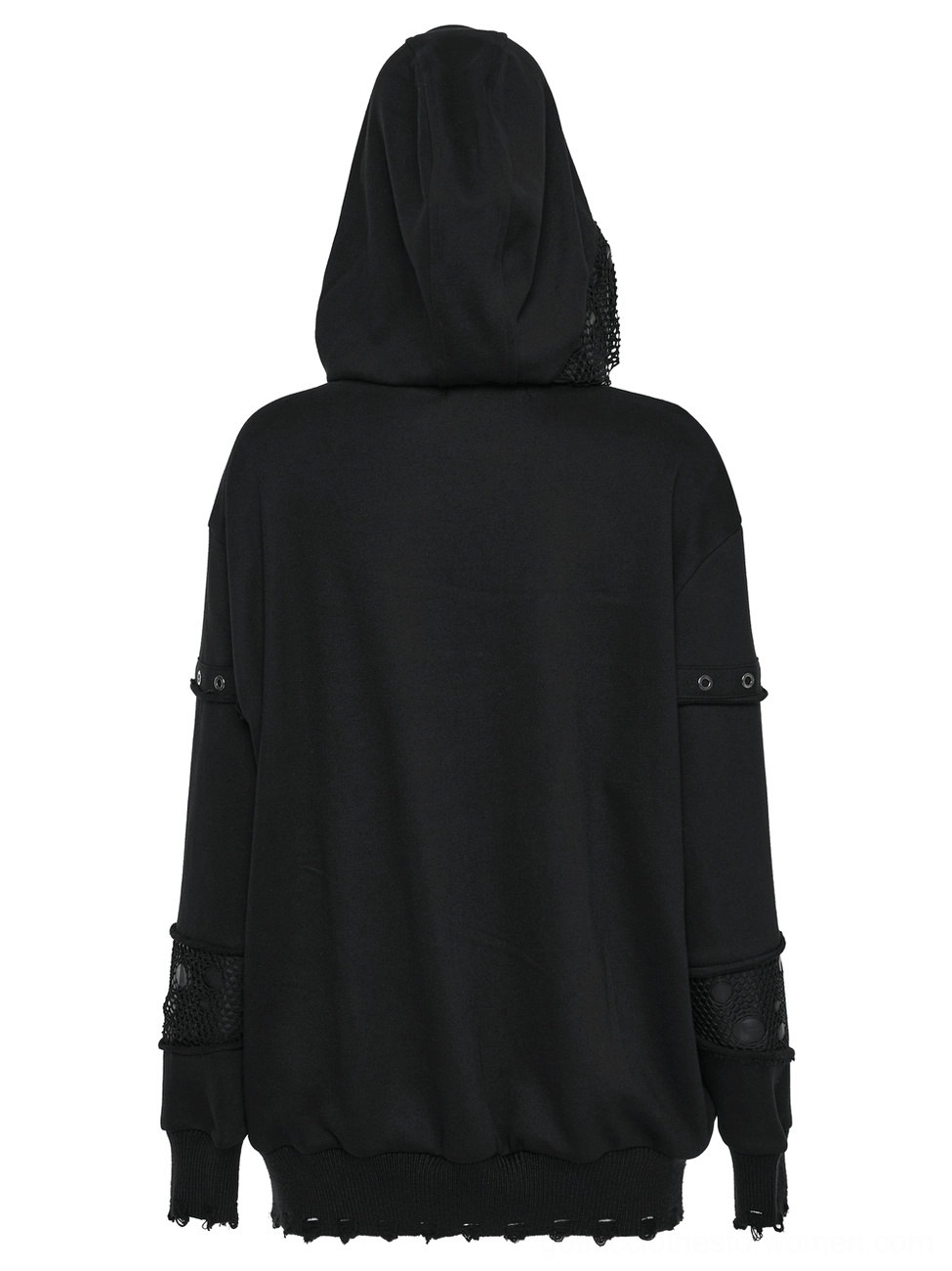 Rear flat lay of black gothic hoodie showing plain back design with ribbed hem and cuff details