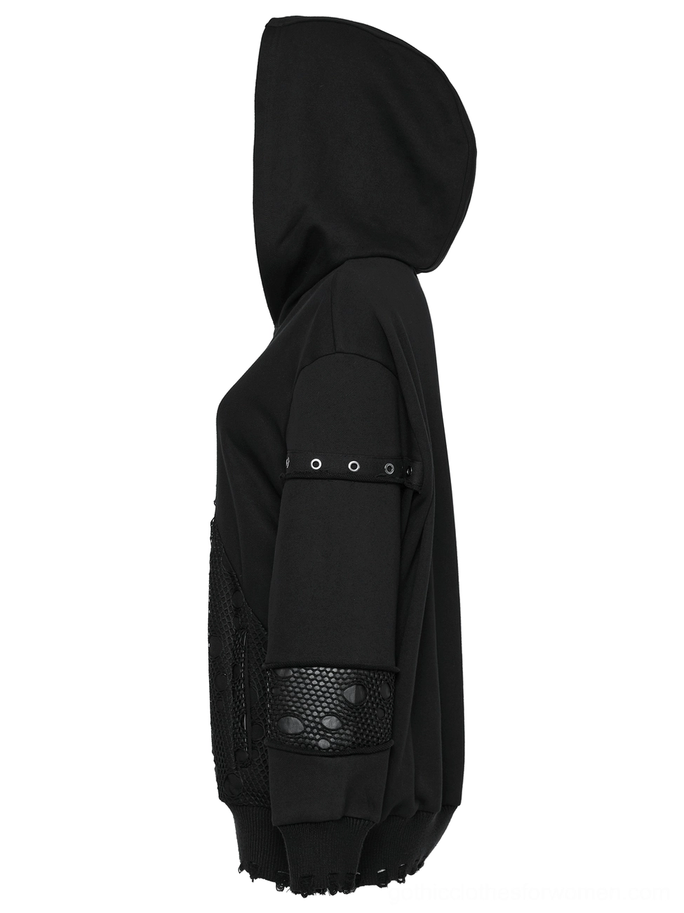 Side view of black gothic hoodie displaying oversized hood structure and mesh sleeve panel construction