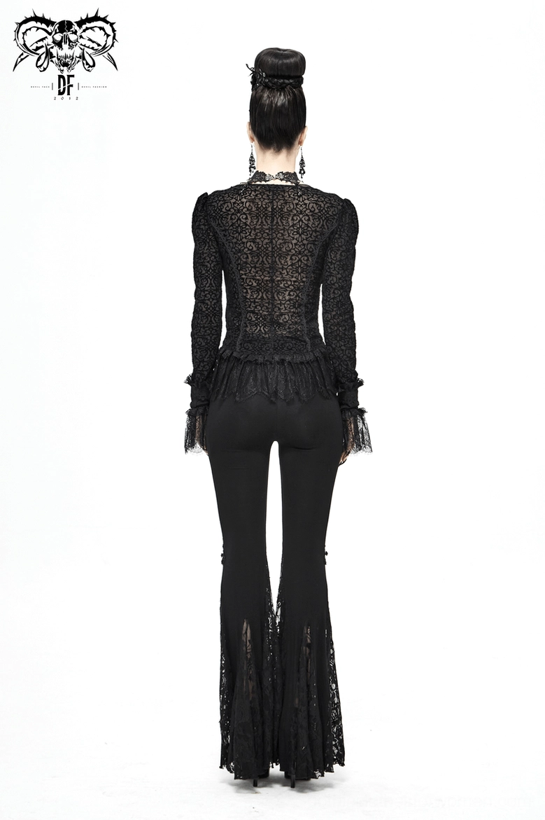 Full-length front view of black high-waisted gothic cross lace flare leggings on model displaying complete silhouette and slim fit