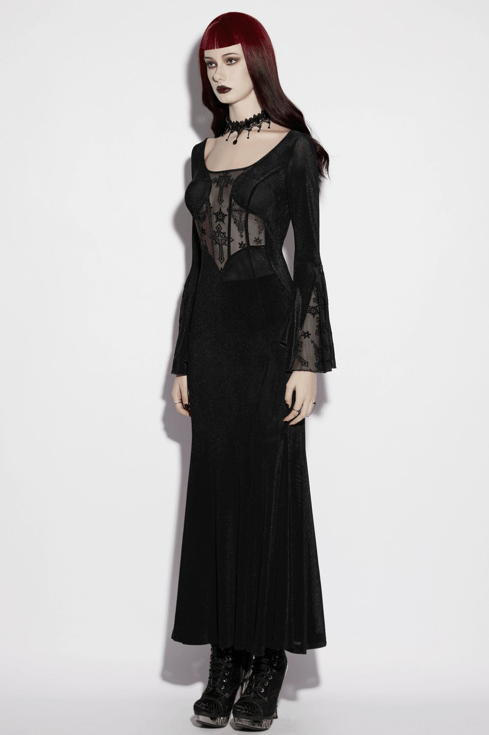 Black gothic fishtail maxi dress front full-length view with sheer cross embroidered mesh and segmented waist