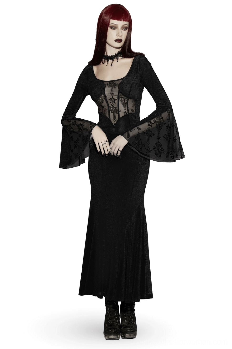 Black gothic cross mesh fishtail maxi dress with bell sleeves - front full body view showing sheer cross embroidery bodice and dramatic flared hem