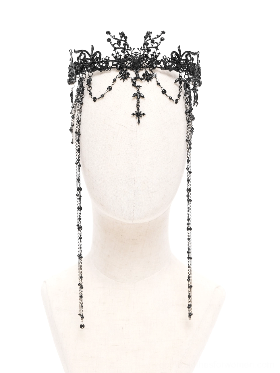 Black lace gothic crown with layered beaded drop chains and central cross charm on mannequin, detailed front view