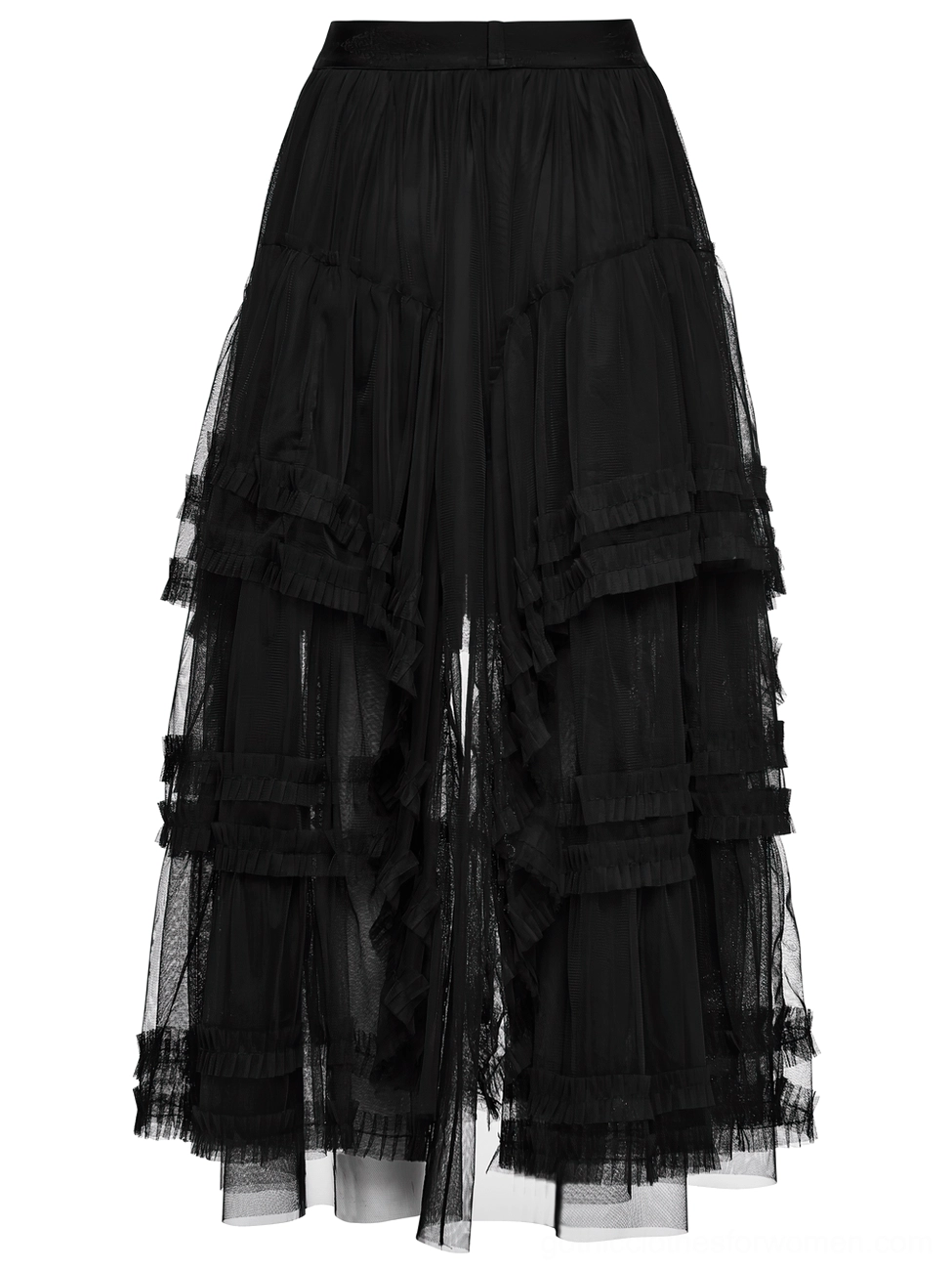 Black gothic ruffled mesh culottes flat lay front view with wide-leg cropped style and multi-layered tulle construction