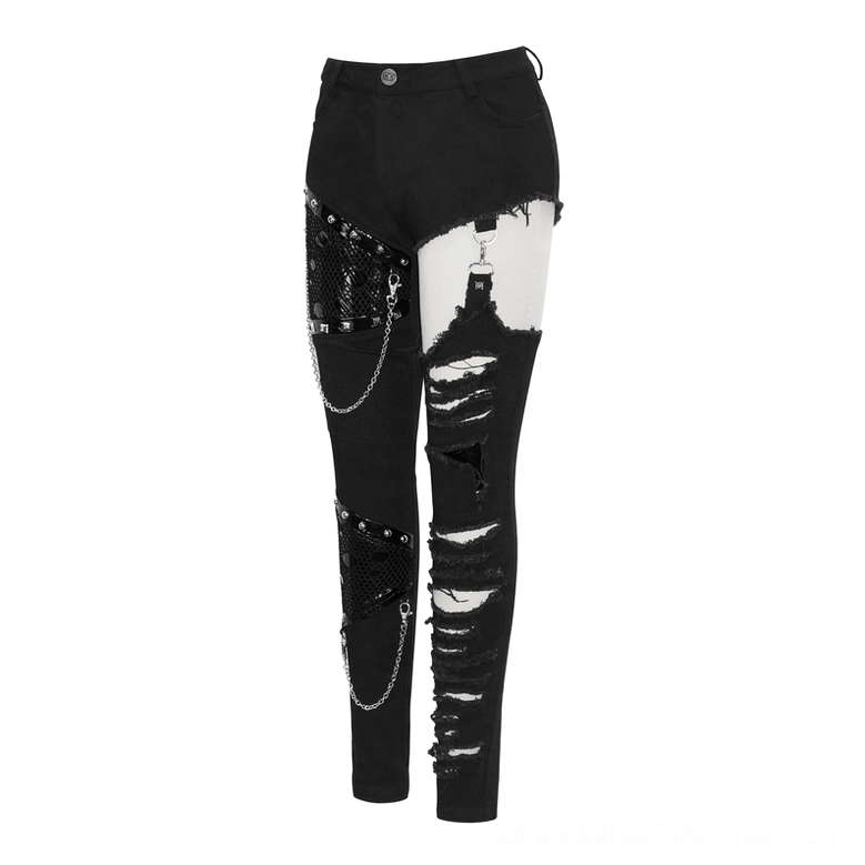 Black gothic cutout ripped trousers with mesh patches and silver chain details, front detail view