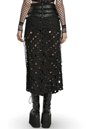 Black gothic cutout skirt back view with concealed zipper and frayed fabric edges on model