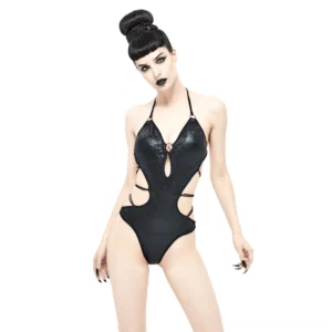 Black gothic cutout one-piece swimsuit front three-quarter view with side straps and adjustable halter neckline on model
