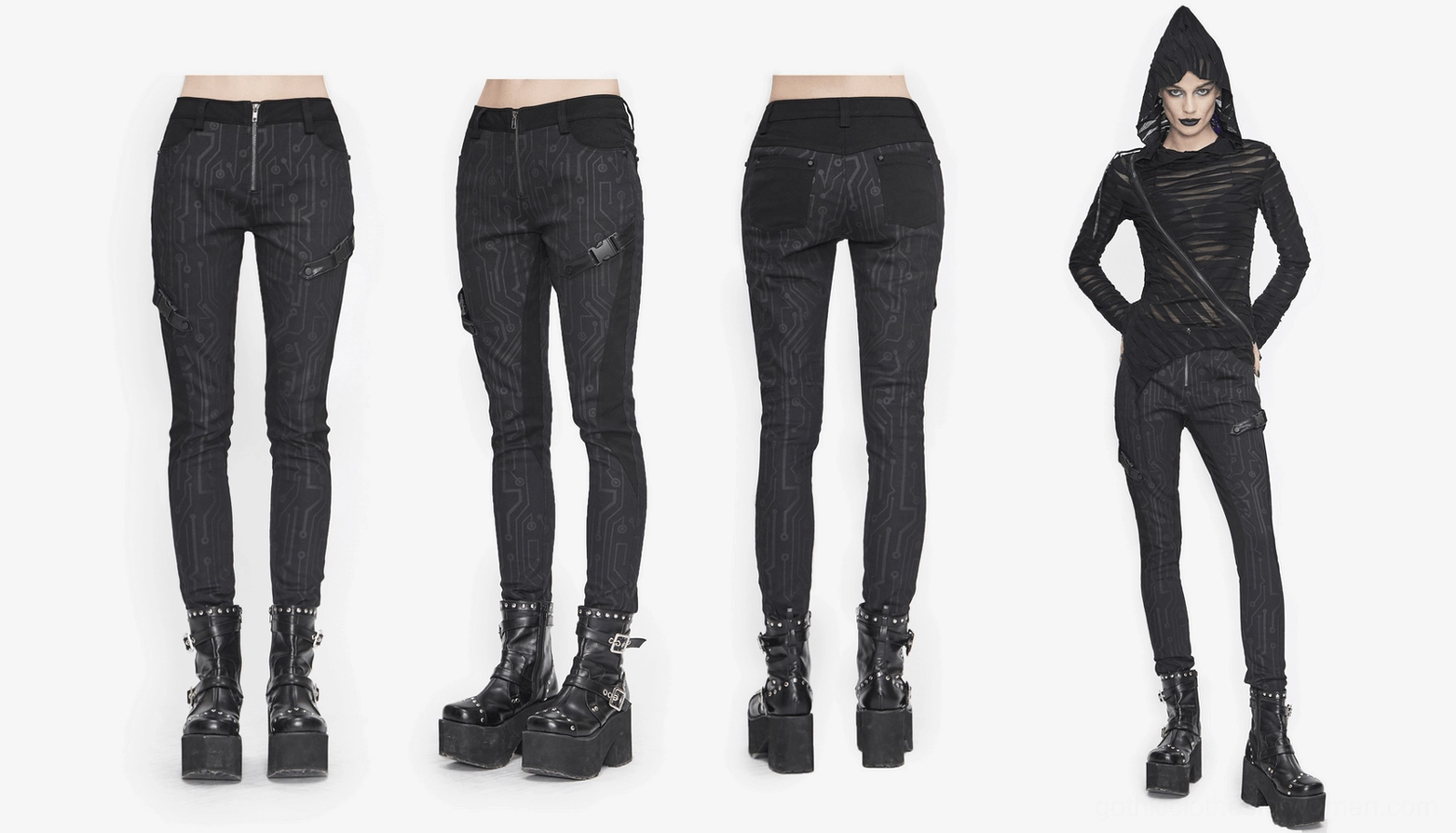 Alternative angle styling of black circuit printed gothic cyberpunk skinny pants