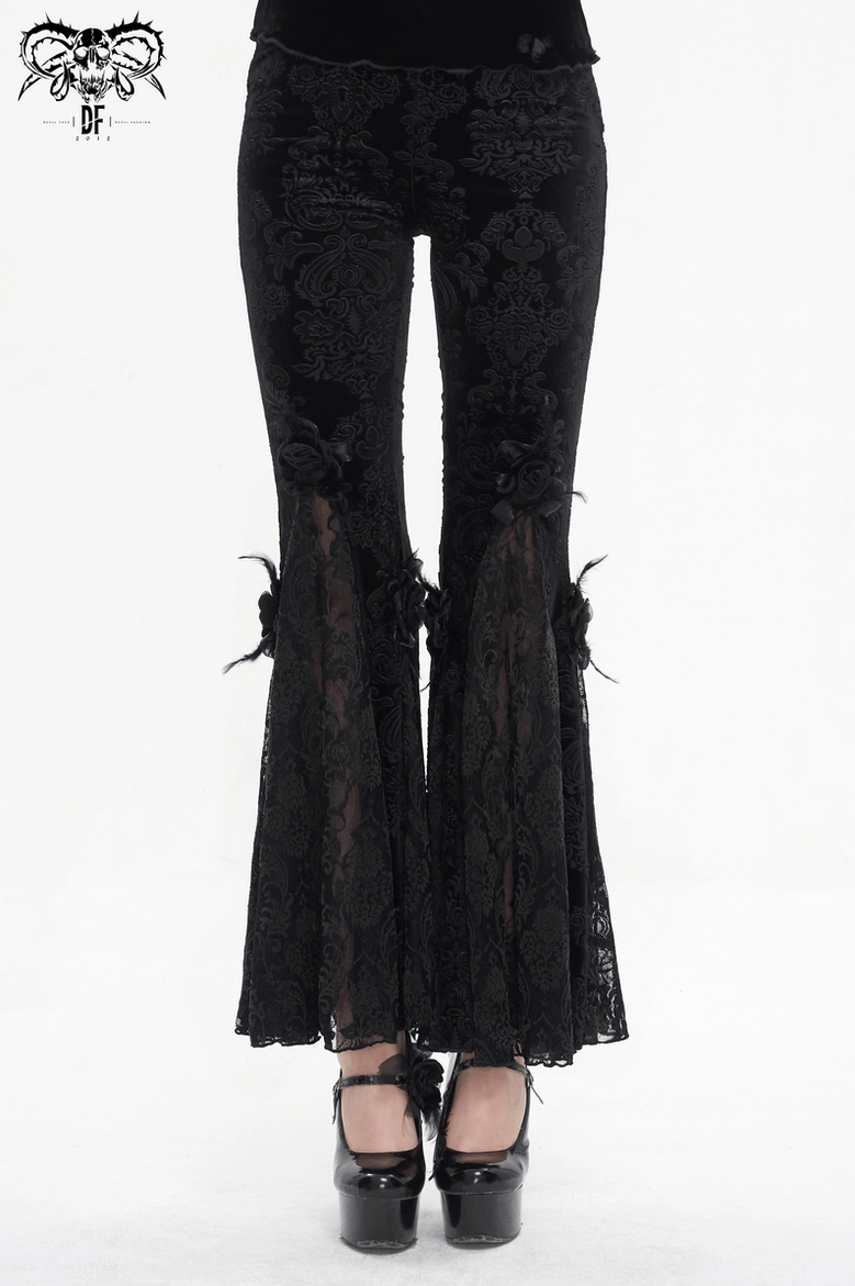 Black gothic damask lace flared pants styling detail showing ornate pattern and elegant silhouette