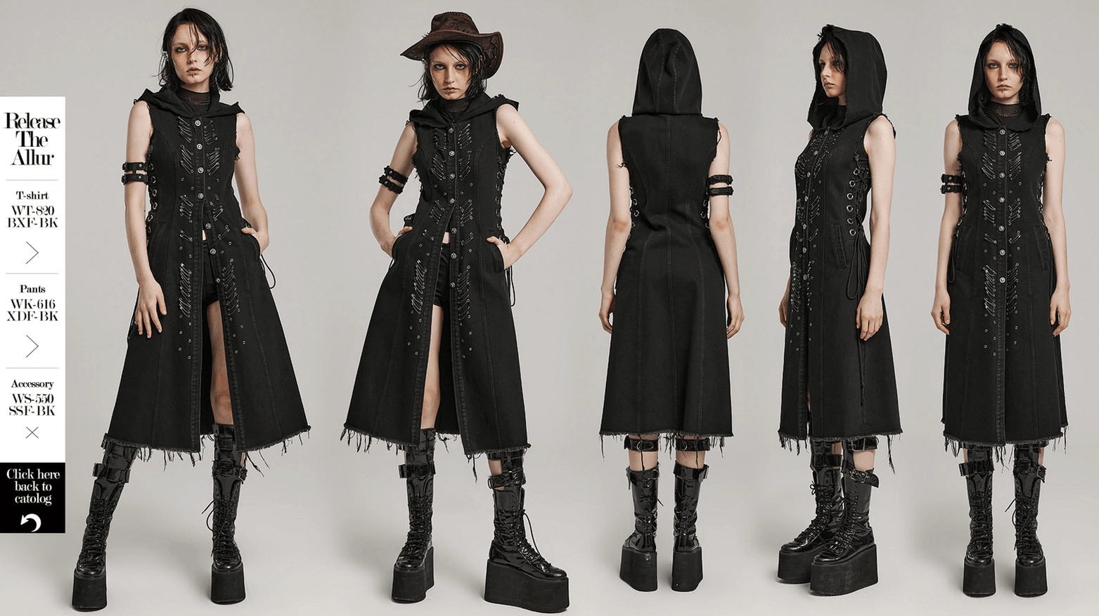 Black gothic denim cape full product view, hooded silhouette, raw frayed edges and complete garment presentation