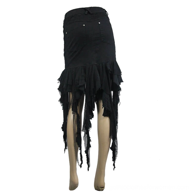 Black gothic denim skirt back view on mannequin - showing rear pockets and frayed tassel hem