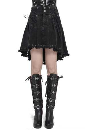 Black pleated gothic denim skirt with lace-up side straps and metal hardware, front full-body view worn by model